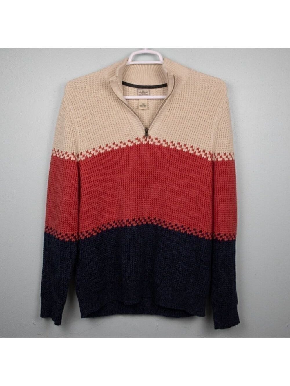 L.L. Bean color block waffle knit 1/4 zip pull over sweater-M